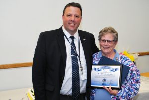 Carthage Area Hospital Chief Executive Officer Rich Duvall congratulates hospital Nursing Supervisor Manager Mary F. Kleinhans, RN, BSN. Kleinhans retired this week after 16 years at Carthage Hospital and 44 years working as a nurse in Northern New York.